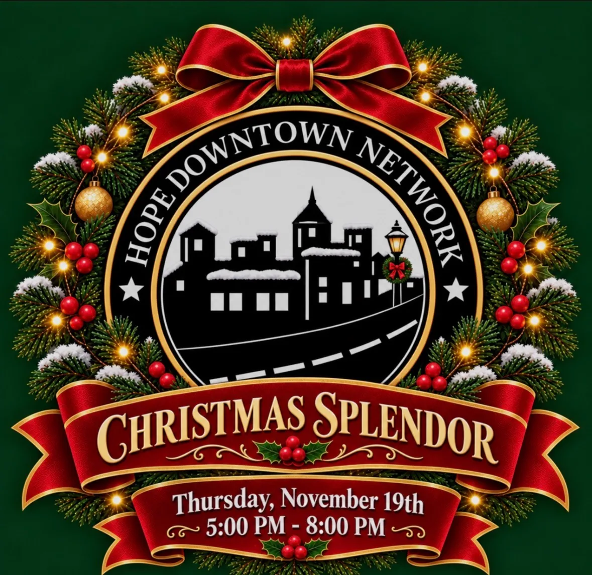 Christmas Splendor badge: the Hope Downtown Network logo in a holiday wreath with a red ribbon reading Christmas Splendor, Thursday, November 19th, 5:00 PM to 8:00 PM.